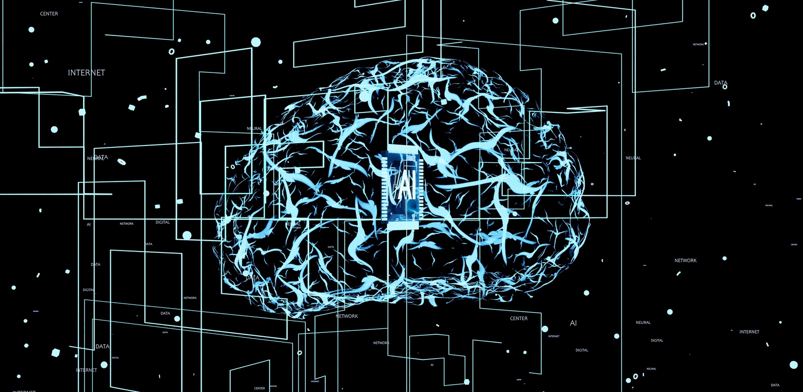 Image of a light blue outline of a brain on a black background with AI in the centre